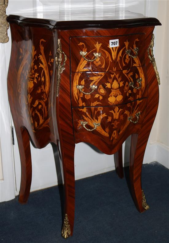 A Louis XV style marquetry bombe shaped three drawer chest, H.73cm